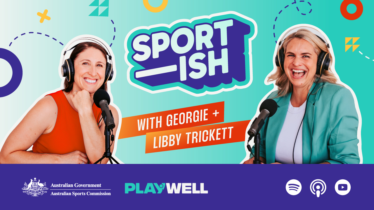 Promotional image for Sportish, a Playwell podcast hosted by George and Libby Trickett